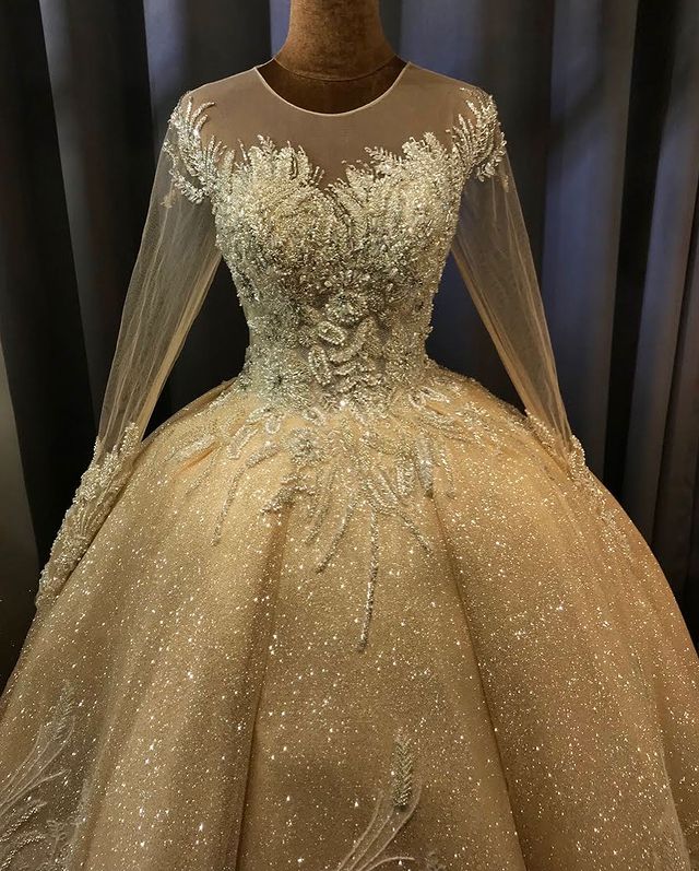 2021 Plus Size Arabic Aso Ebi Gold Lace Beaded Wedding Gowns Sheer Neck Long Sleeves Sequined Bridal Dresses ZJ955