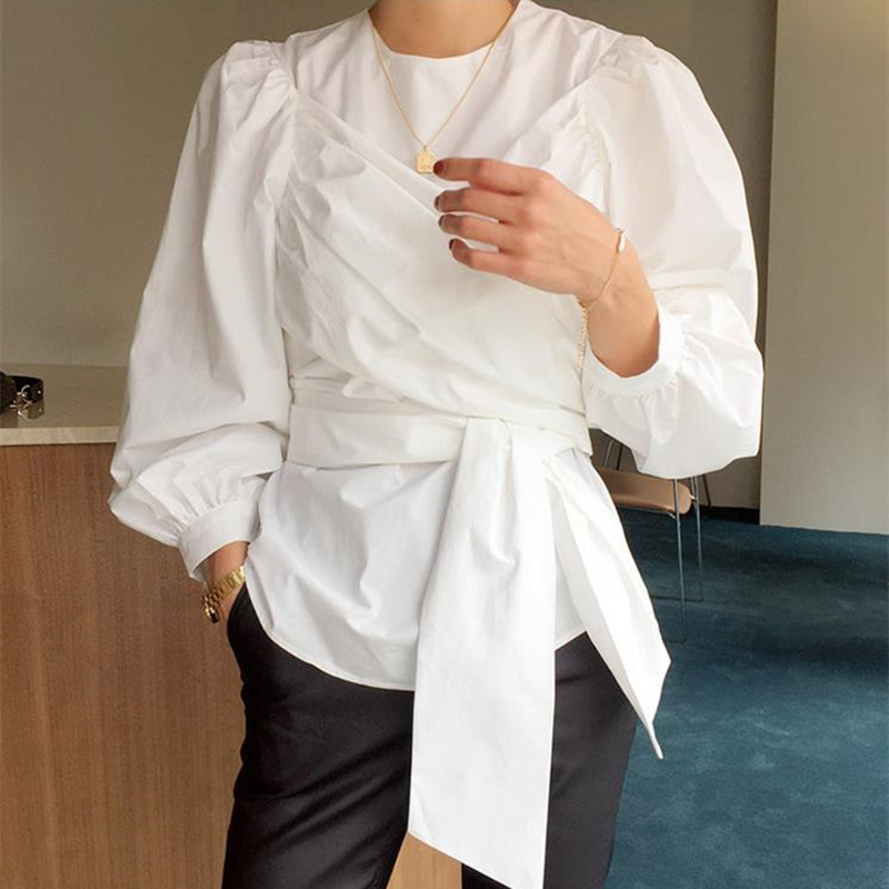Elegant Womens Tops OL White Shirt Women Puff Sleeve Solid Korean Style Formal Blouse Shirts Office Lady 210421