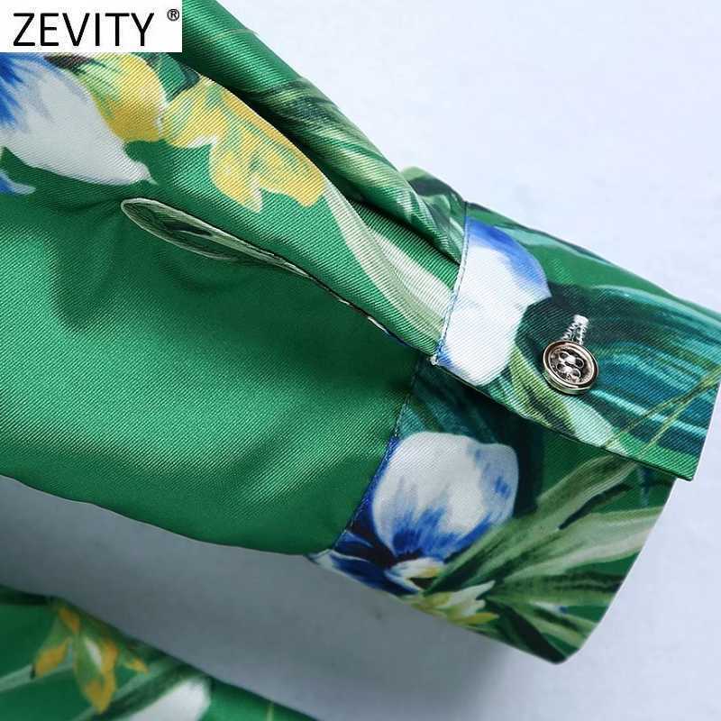 Zevity Women Vintage Green Flower Print Casual Slim Satin Shirt Dress Female Chic Side Split Sashes Kimono Vestidos DS8116 210630