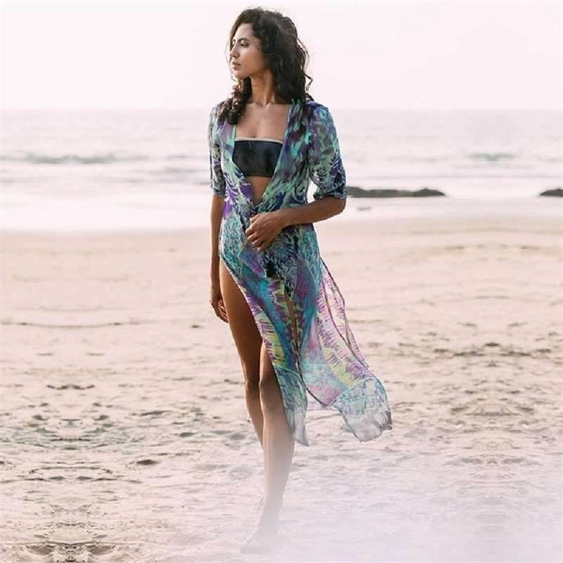 Chiffon Beach Cover up Tunics for Print Bikini Saida Praia wear Pareo Swimsuit #Q550 210420