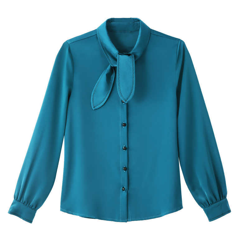 Korean Women Silk Blouses Woman Satin Bow Shirts Embroidery Top Plus Size Long Sleeve 210604