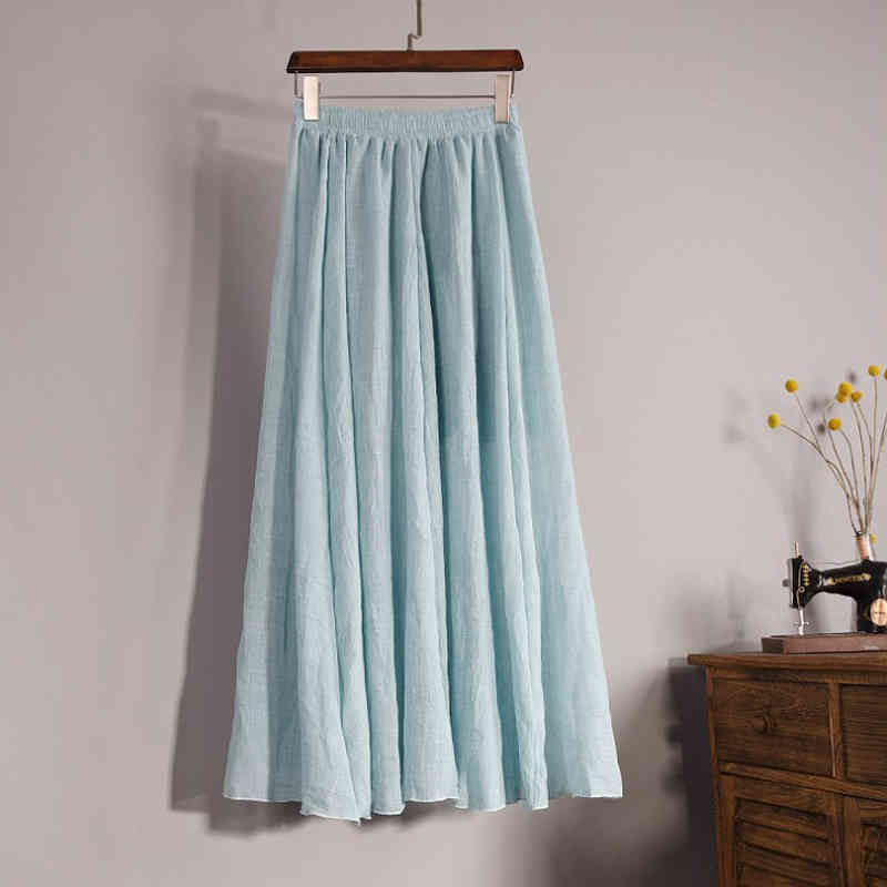 Vintage Spring Elastic Waist Cotton Linen Solid Pleated Long Skirts Summer Maxi Women Boho Beach Jupe 9956 210508