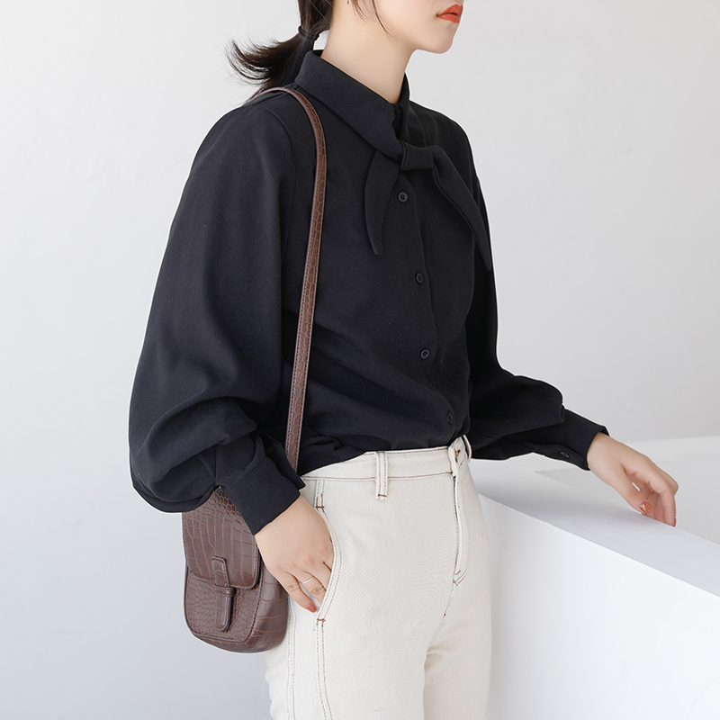 Blouse Women clothes Black Spring Winter Lantern Sleeve Shirt 's Loose Bow Long-sleeved Tops blusas 997E 210420