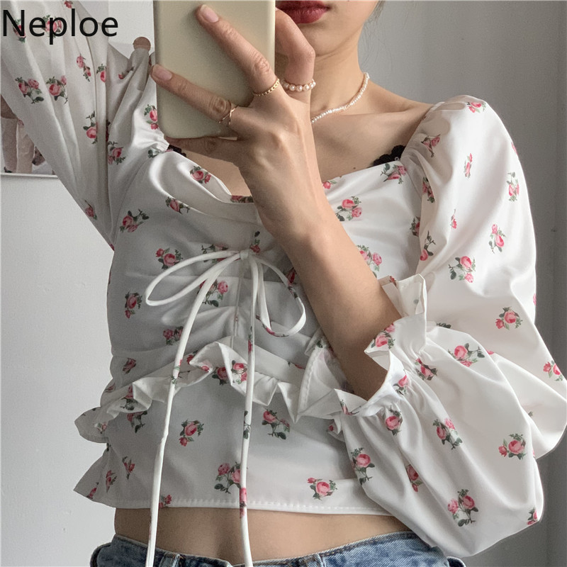 Neploe Clothes for Women Tops Slash Neck Floral Print Blouse Slim Fit Sexy Shirts Drawstring Crop Top Korean Cute Blouses 210422