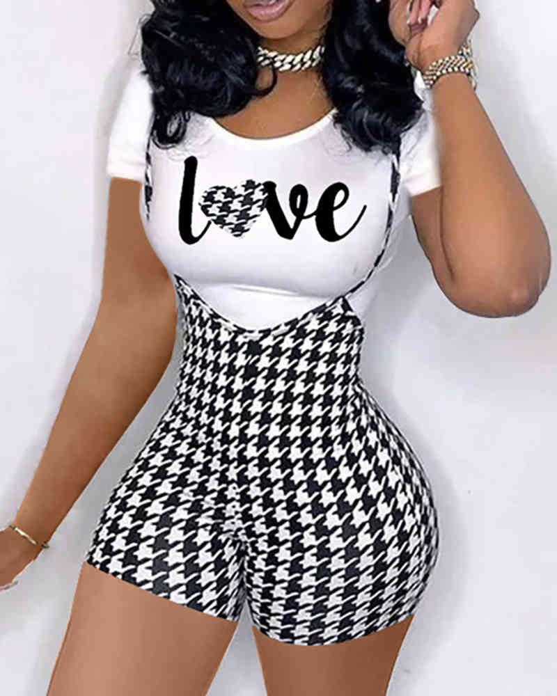 Spring Summer Women Plus Size Tee & Suspender Shorts Set New Female Letter Print Top & Classic Houndstooth Bottoms Set 210415