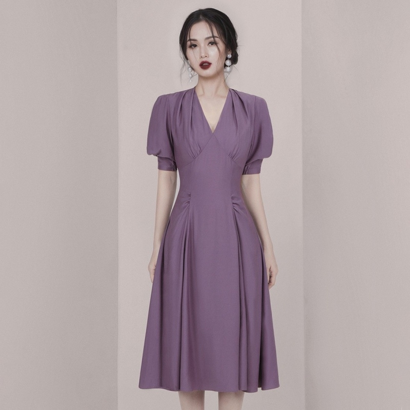 Women's Summer Office Lady Slim Elegant Vintage Dress Sexy V Neck Women Puff Sleeve Purple Vestidos 210520