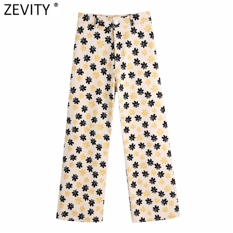 Zevity Women Vintage Floral Print Casual High Waist Wide Leg Pants Retro Female Chic Color Match Ankle Length Trousers P1108 211006