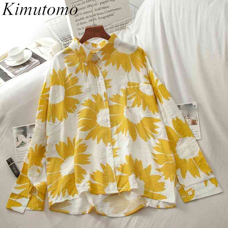 Kimutomo Fashion Yellow Floral Print Blouse and Shirt Women Spring Fresh Style Turn-down Collar Long Sleeve Top Casual 210521