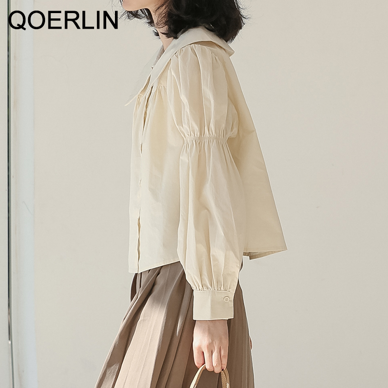 QOERLIN Square Collar Puff Sleeve Top Shirt Female Spring Long Sleeve Blouse Lantern Sleeve Solid Fashion SingleBreasted Tops 210412