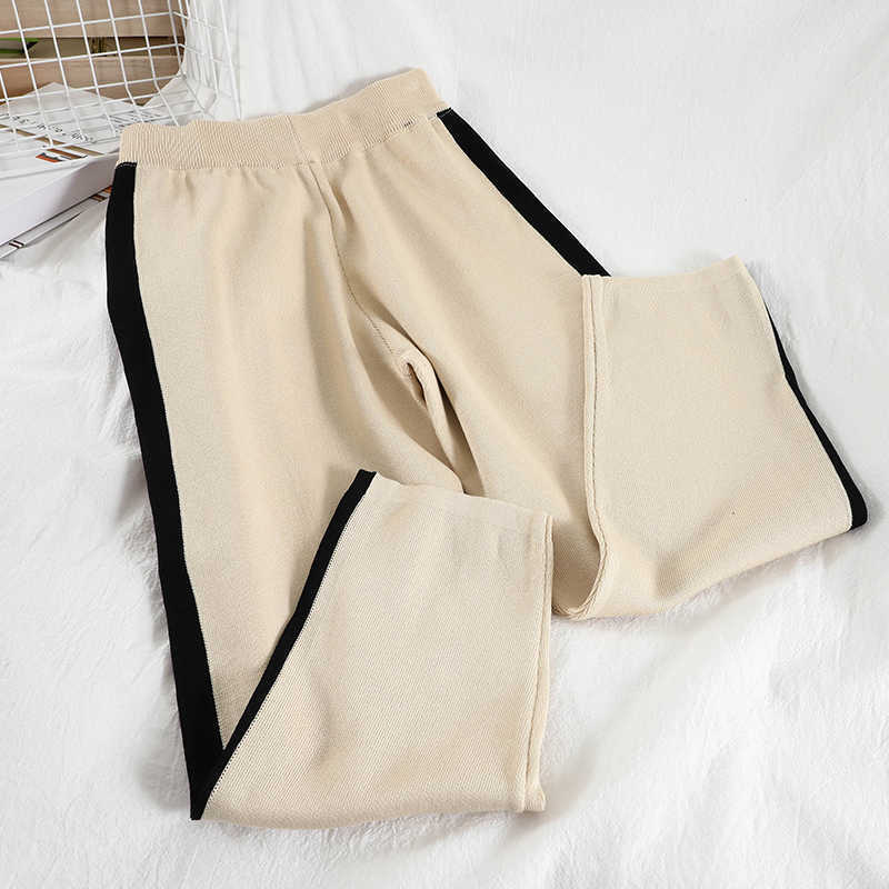 DEAT Women Polo Neck Striped T-shirt Long Pants Arrivals Two Piece Set Casual Fashion Temperament Spring Summer 210709