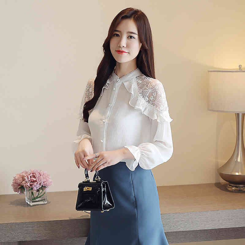 Korean Office Lady Lace Tops White Loose Blouse Solid Stand Collar Chiffon Women Spring Long Sleeve Shirt 7959 50 210506