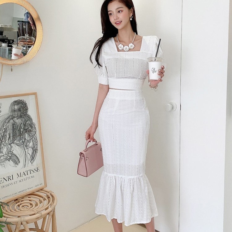 Women 2 Piece Outfits Summer Office OL Lace Embroidery Puff Sleeve Short Tops + High Waist Bodycon Mermaid Skirt 2 Set 210519