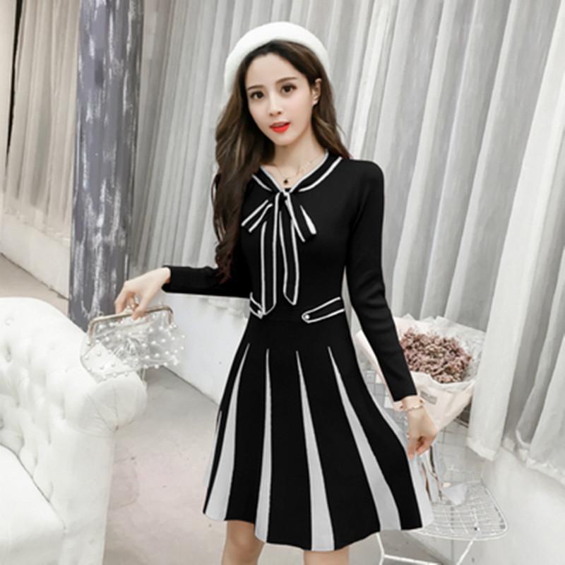 Runway Women Autumn Sweater Dresses Bow Knot Tie Up Long Sleeve Pullovers Knitted Dress Casual