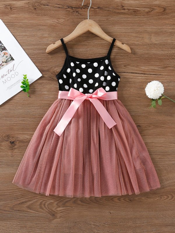 Toddler Girls Polka Dot Spliced Tie Front Cami Dress SHE