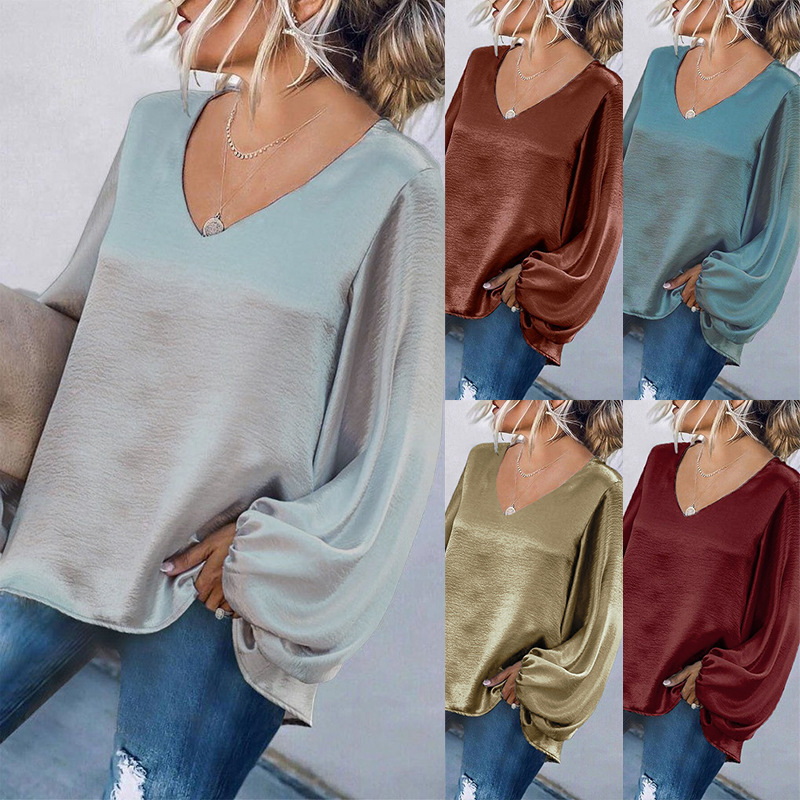 Women's Tops Tees 2021 European and American long-sleeved loose V-neck solid color top