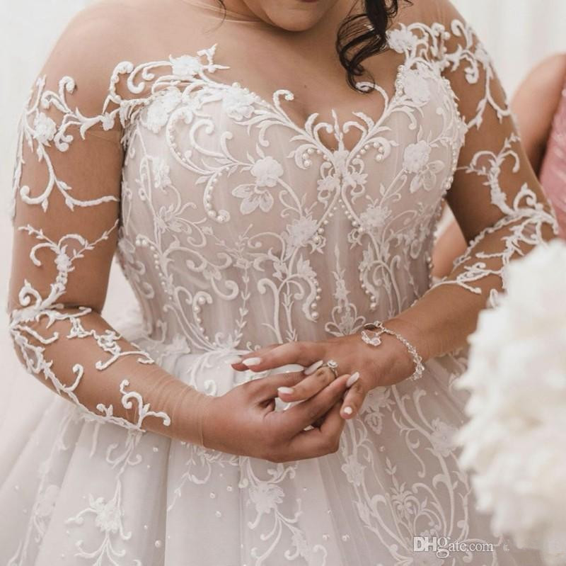Plus Size Princess Wedding Dresses 2022 Modern Sheer Neck Long Sleeve Lace Applique Pearls Wedding Gown vestido de novia