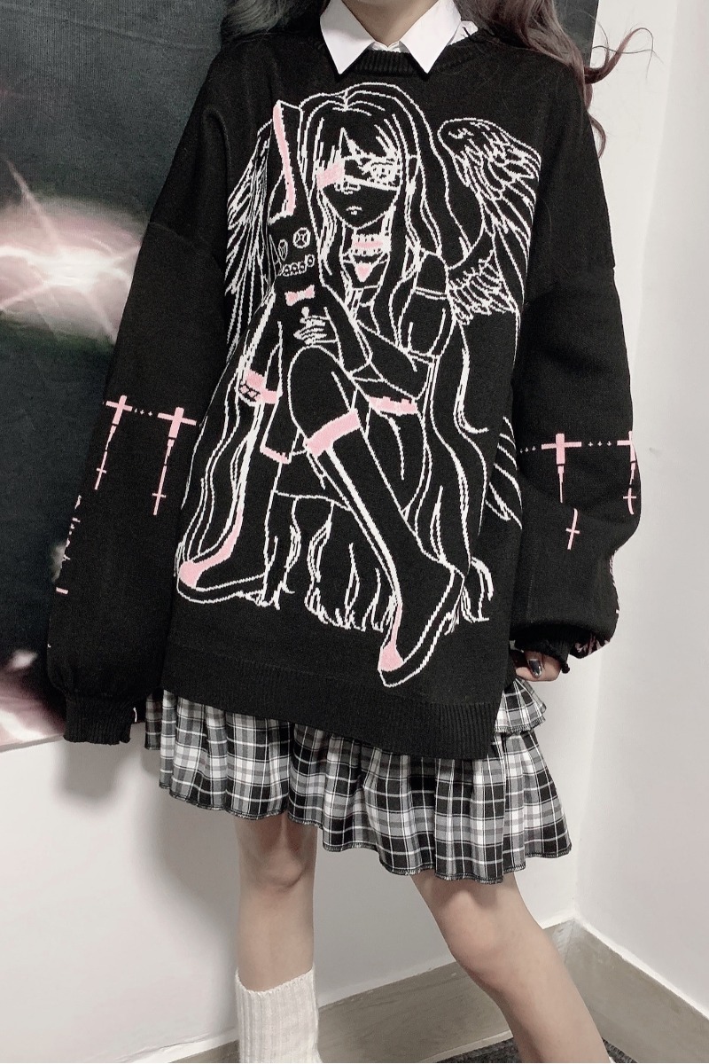 Harajuku Cartoon Sweater Women Loose Knitted Pullover Sweaters Streetwear Jumpers Kawaii Top Pull Femme 210422