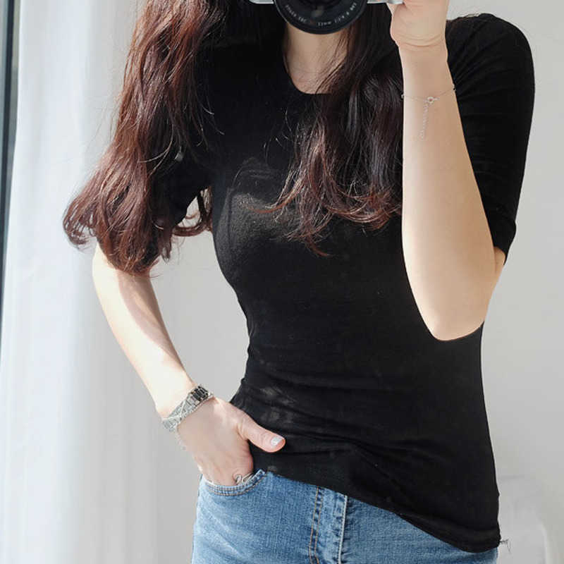 WOMENGAGA White base tops slim thin round neck half sleeve Transparent sexy korean T-shirt summer pink women Y34W 210603