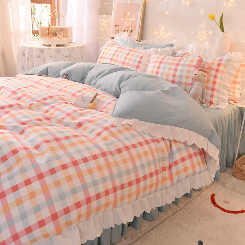 Colorful plaid cotton bed 4-piece bed skirt ruffled quilt cover bed sheet pillowcase simple girly three-piece suit 210706