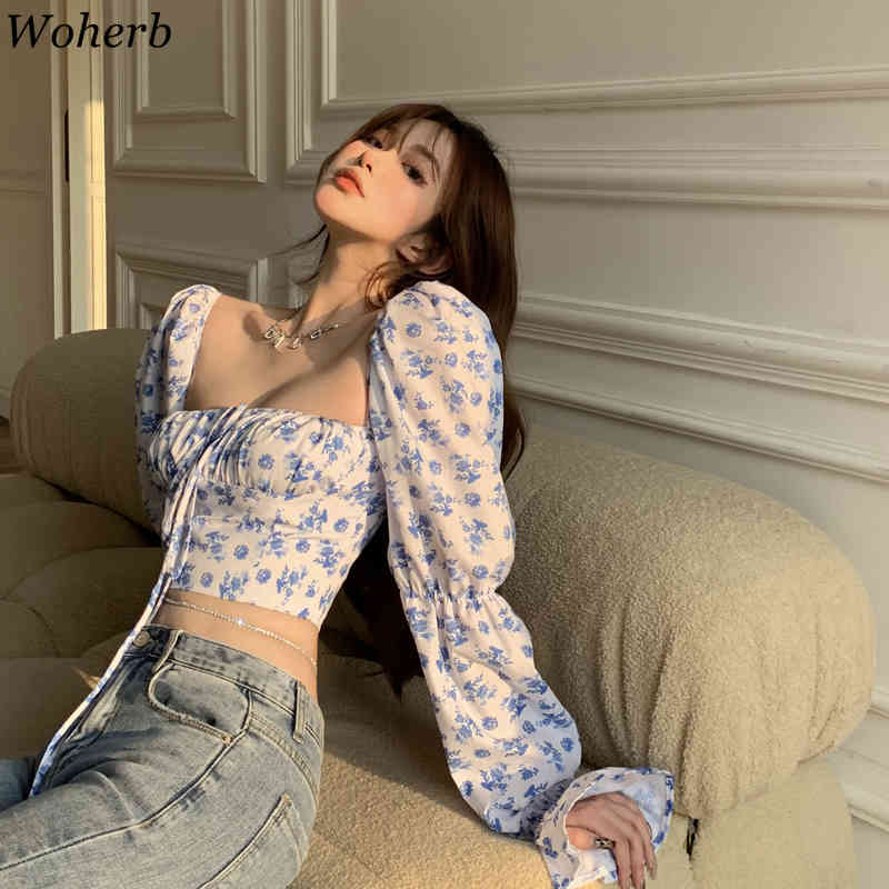Square Collar Crop Blouse Wopem Korean Chic Ins Summer Shirt Floral Print Long Puff Sleeve Bandage Short Blusas Tops 210519