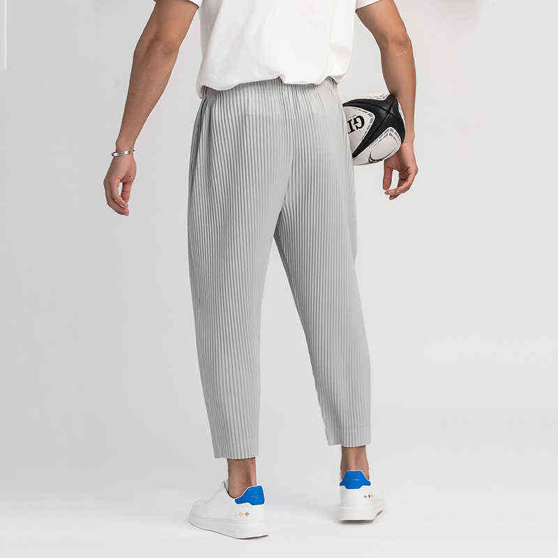 IEFB /men's wear pleated trousers for male Japanese stretch fabric thin style loose drawstring casual ankle-length pants 9Y3050 211112
