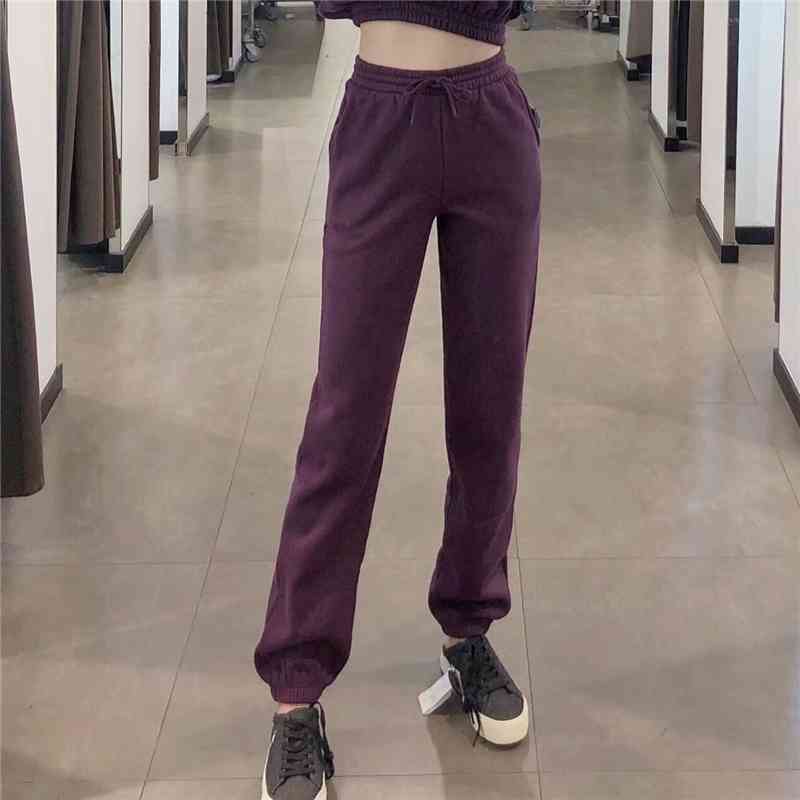 Causal Women Purple Straight Trousers Fashion Ladies Elastic High Waist Pants Streetwear Female Chic Sport 210430