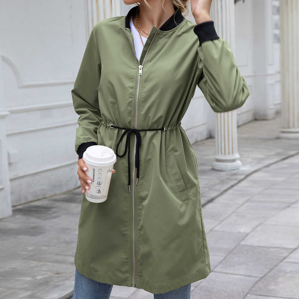 Women Raincoat Outdoor Streetwear Slant Pocket Drawstring Waterproof Mid-length Trench Autumn Long Sleeve Stand Collar Cardigan 210820