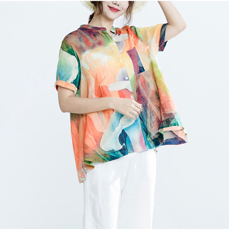 Women Blouse Shirts Plus Size Female Clothing Vintage Print Casual Basic Tops Summer Short Sleeve Blusas Feminina Z502 210512