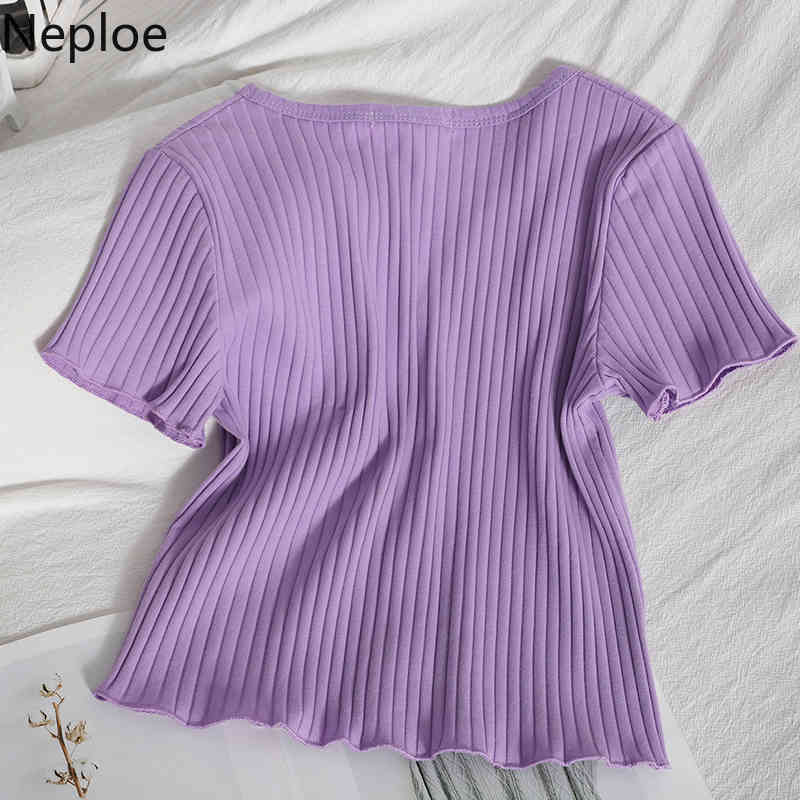 Neploe Shirts for Women Casual Sweet Student Short Sleeve Tops Summer New Korean Style V Neck Ruffles Tshirt Women Tees 210422