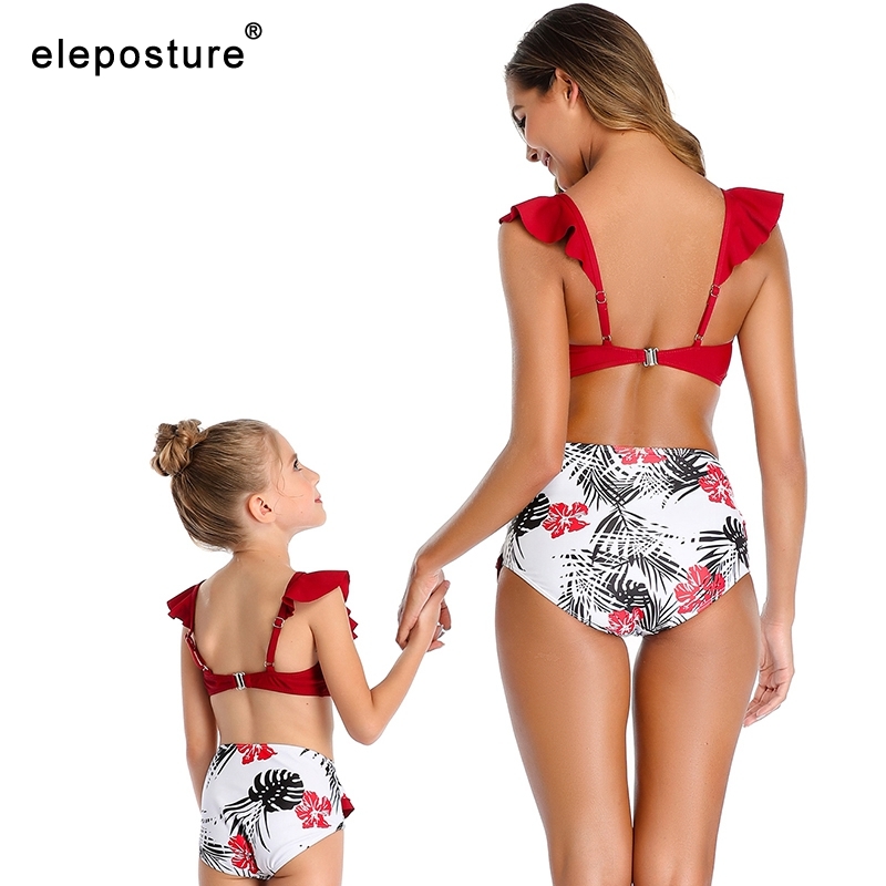 Sexy Bikini Women Swimsuit Ruffle High Waist Swimwear Print Set Mother Daughter Swimsuits Mommy And Me Bathing Suits 210521