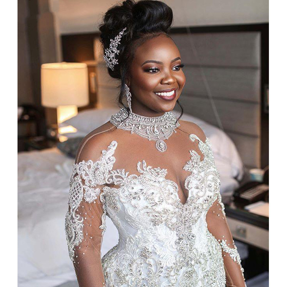 Illusion Long Sleeve Mermaid Wedding Dresses 2021 High Neck Lace Beaded Applique Plus Size Trumpet African Bridal Dress Robes