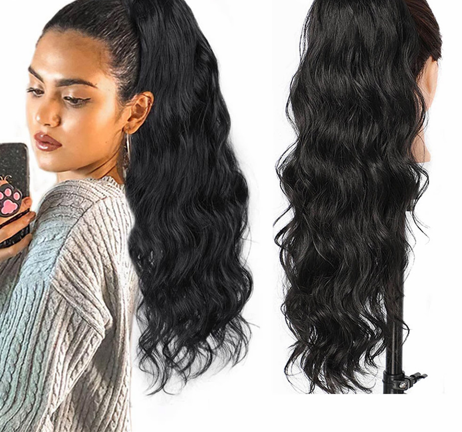 Long Wavy Ponytail Human Hair Wrap On & Drawstring Clip in Hairpiece Black Wave Extension African American Pony Tail for Women 140g
