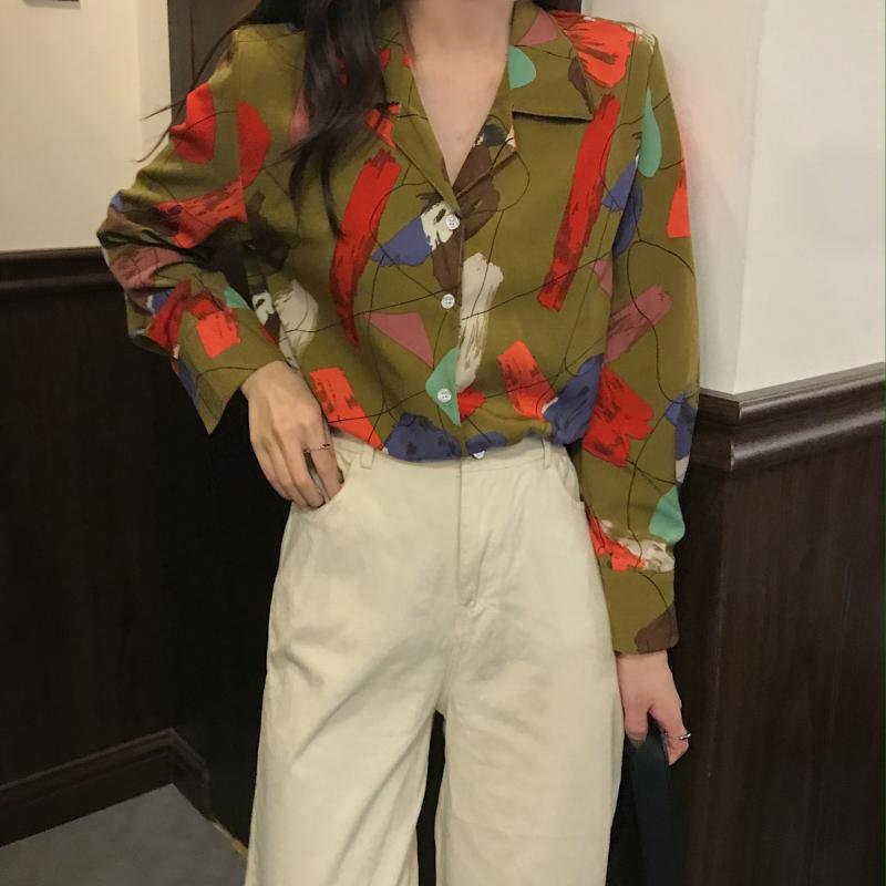 Vintage Elegant Basic OL Shirt Print Women Stylish Autumn Blouses Long Sleeve Loose Office Ladies Tops Female 210421