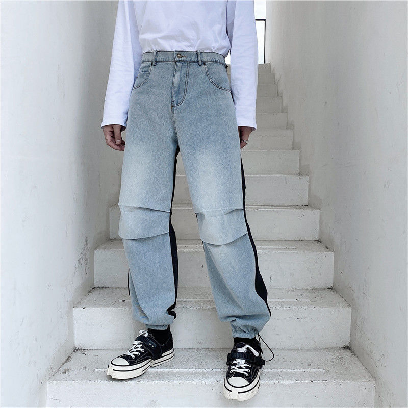 IEFB Men's Wear Color Block Patchwork Work Clothes Jeans Loose Wide Leg Fold Leg Pants Male Spring Pdenim Pants 9Y3754 210524
