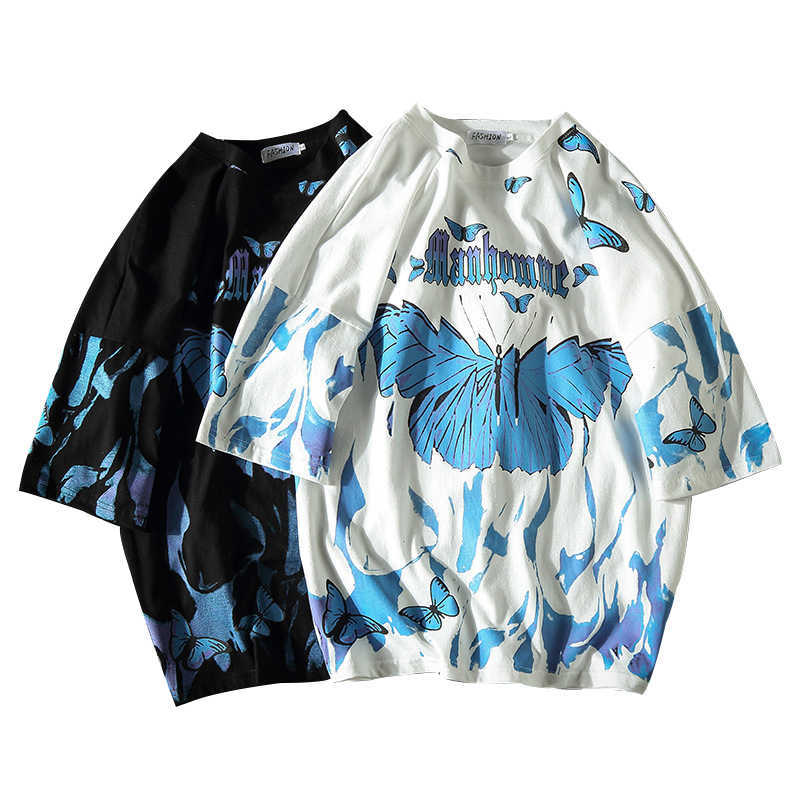 Flame Butterfly T-shirt Men Street Fashion Summer O-Neck Men's Tshirt Hip Hop Harajuku Tee Shirts Loose 100% Cotton Couple Tops 210707