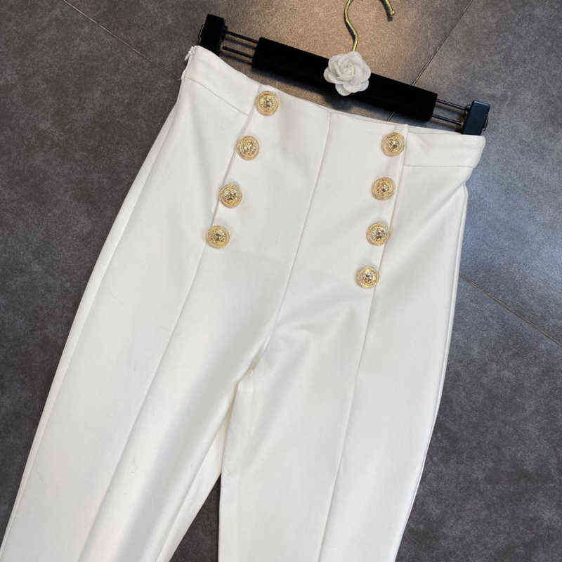 DEAT Autumn Spring Women Fashion Double Breasted Golden Button Decoration High Waist Slim Casual Pencil Pants RC768 211112