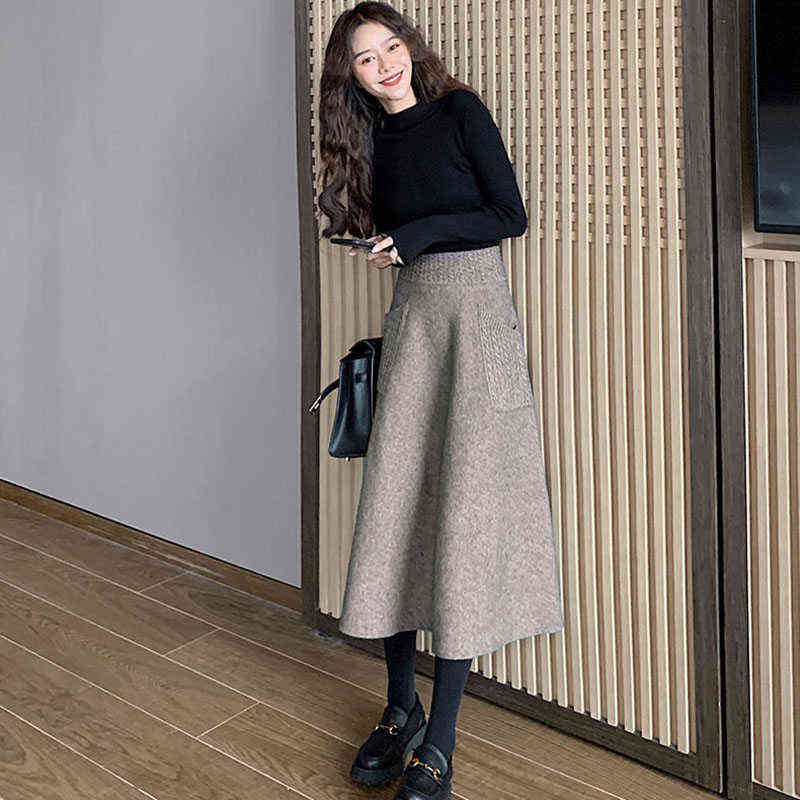 Lucyever Autumn Winter Women Wool Knit Midi Skirt Korean High Waist Mid-Length Skirts Female Fashion Pockets Office A-line Skirt 211119
