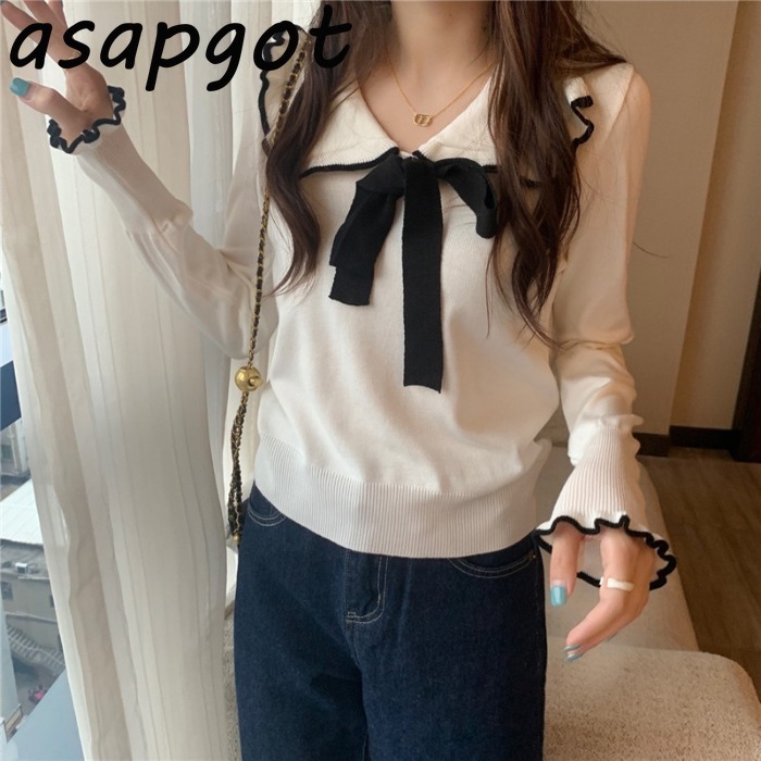 Autumn Gentle White Ruffles Contrast Color Bow Collar Sweaters&Jumpers Flare Sleeve Slim Chic Korean Fashion Black Knitted Top 210429