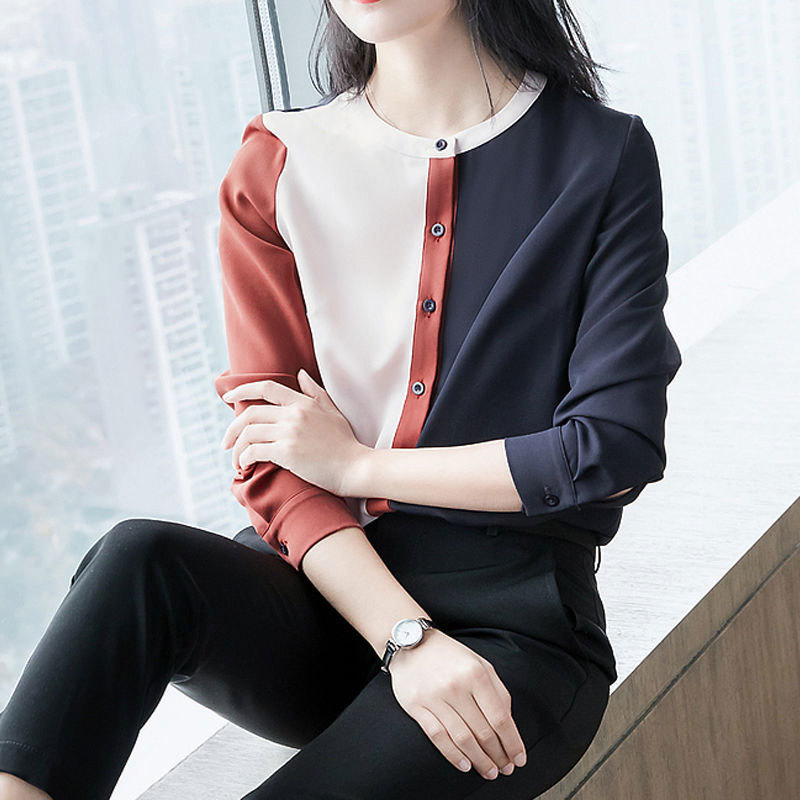 Spring Summer Office Lady Shirts Long Sleeve Patchwork Chiffon Shirt All-matched Casual Ladies Tops Women Blouses D194 210512
