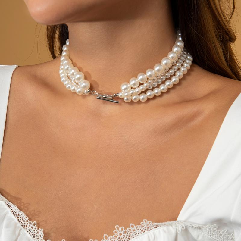 

Chains Ingemark INS Elegant Multilayer Imitation Pearl Chain Necklace Fashion Statement Beaded Link Choker Wedding Women Jewelry Girls, Silver