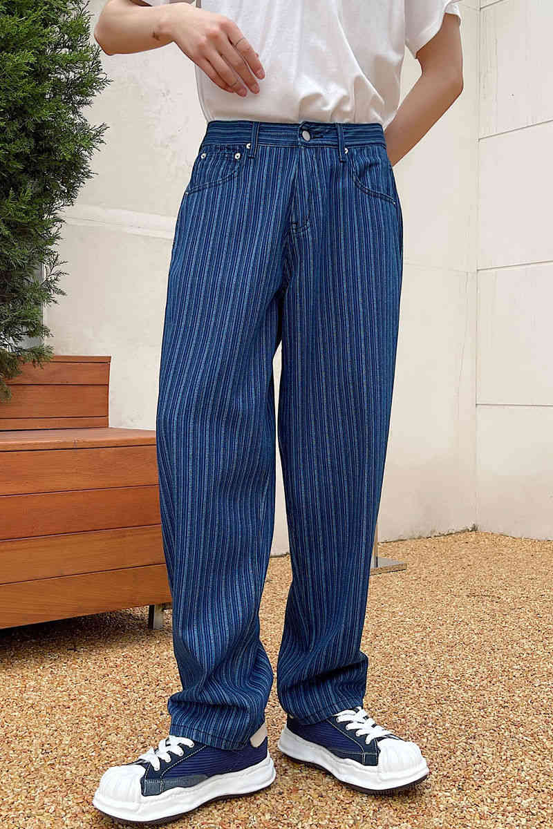 IEFB Men's Denim Straight Pants Blue Loose Causal Jeans Striped Pattern Zipper Denim Trousers Fashion Streetwear 7239 210524