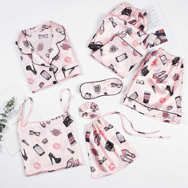 Pajamas Suit Print Women Sleepwear Satin Casual 7PCS Sleep Set Intimate Lingerie Novelty Nightwear Pyjamas Homewear Q0706