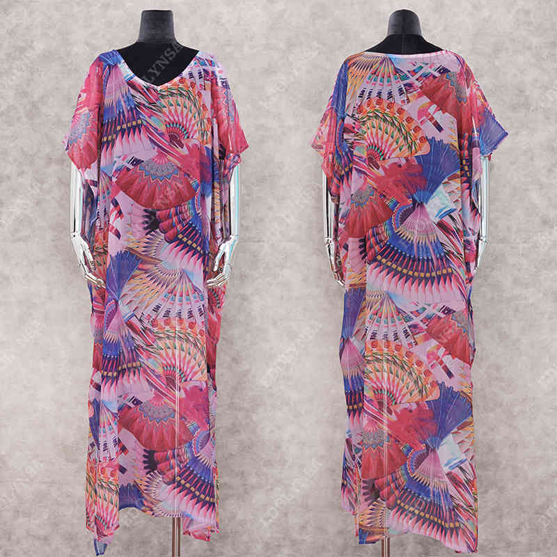 Sheer Bikini Cover-ups Bohemian Printed Loose Summer Beach Dress Chiffon Tunic Women Wear Swim Suit Cover Up Q1061 210420