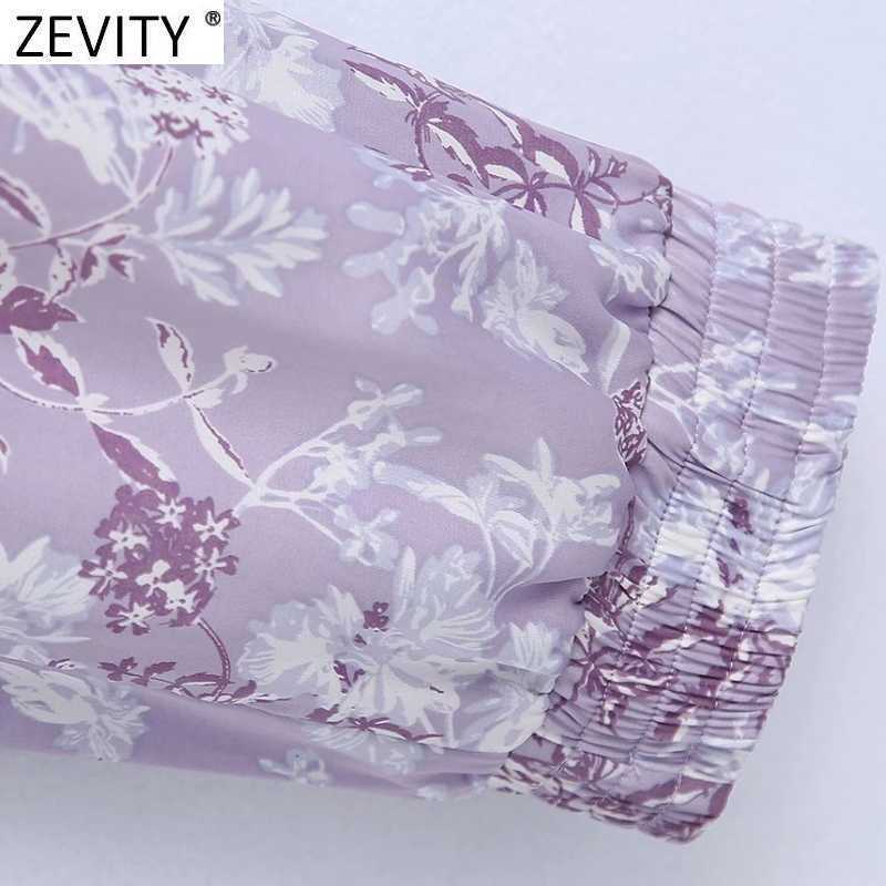 Zevity Women Tropical Floral Print Purple Harem Pants Female Chic Elastic Waist Casual Slim Ankle Length Pantalones Mujer P1026 210603