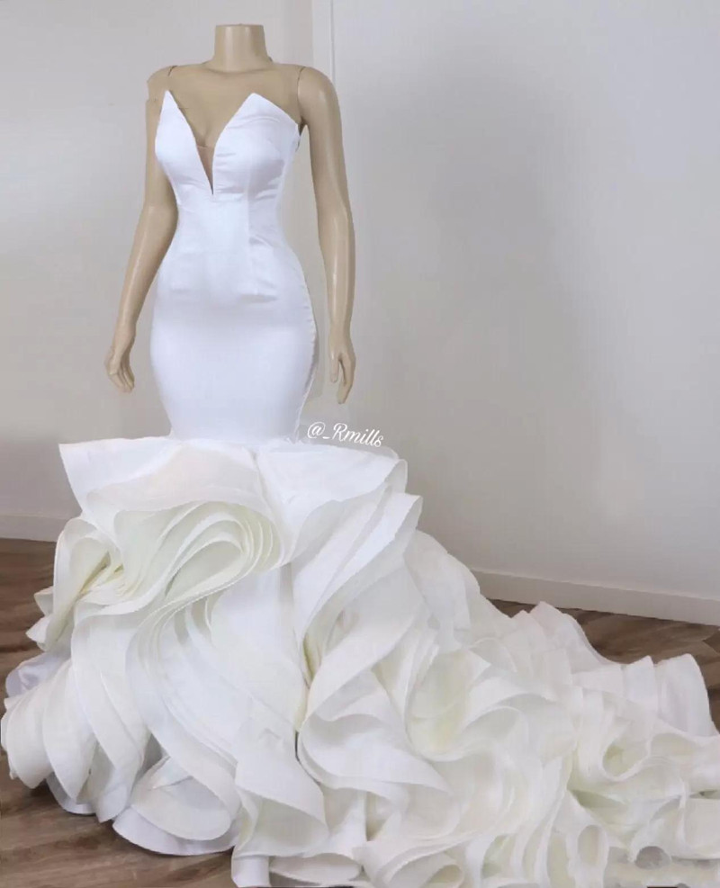 Sexy Mermaid Bride Trumpet Wedding Gowns Satin organza ruffles skirt cathedral train African Women White Wedding Dresses 2021