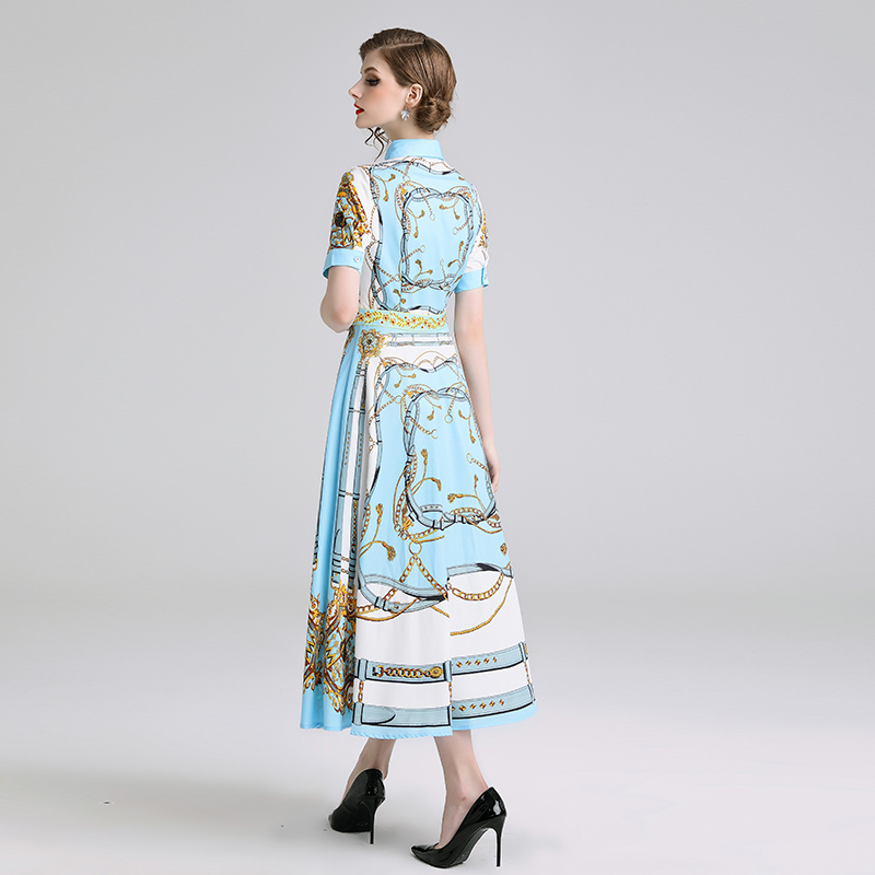 Comelsexy Summer Women Short Sleeve Turn Down Collar Chain Print Long Dress Vintage Blue Contrast Color Maxi Dress Vestidos 210515