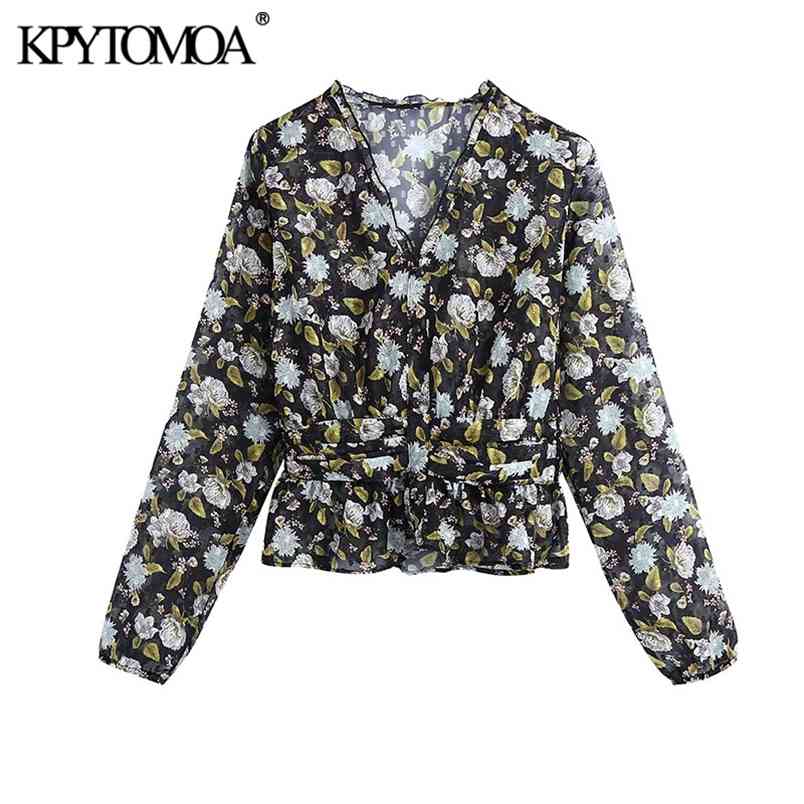 Women Fashion Semi-sheer Floral Print Ruffled Blouses Long Sleeve Elastic Waist Female Shirts Chic Tops 210420