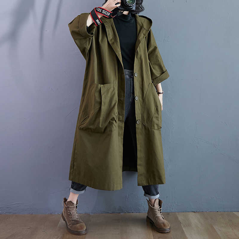 cotton hooded casual loose long autumn spring trench coat for women clothes Outerwear 210820