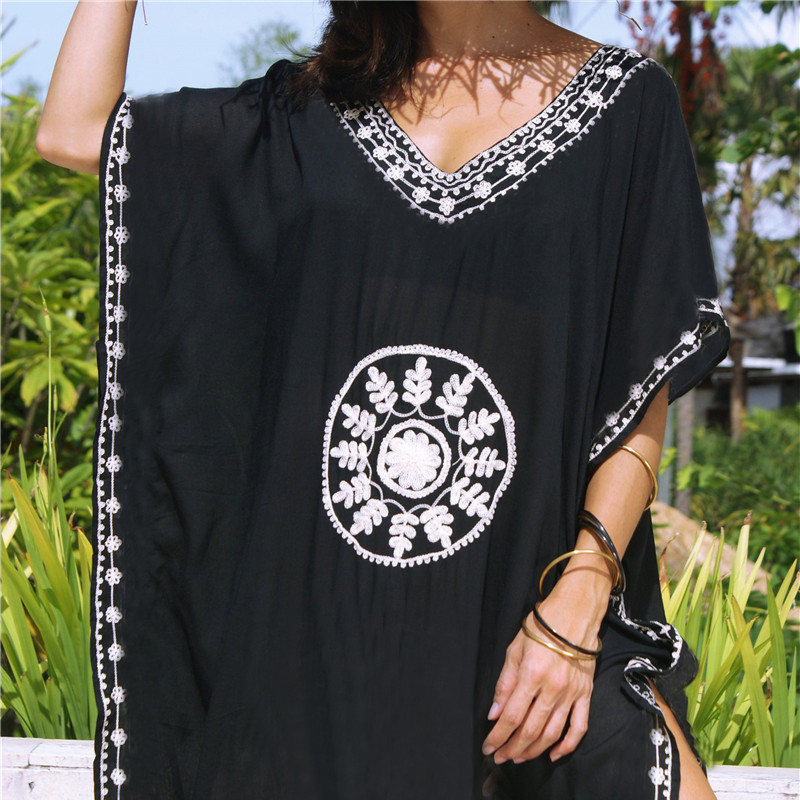 Embroidery Cotton Beach Cover up Saida de Praia Swimsuit Women Bikini cover-ups Tunics for Pareo Sarong wear #Q643 210420