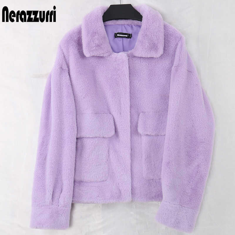 Nerazzurri Spring Purple Blue Short Light Soft Faux Fur Coat Women Long Sleeve Pockets Fall Korean Fashion Furry Jacket 211019